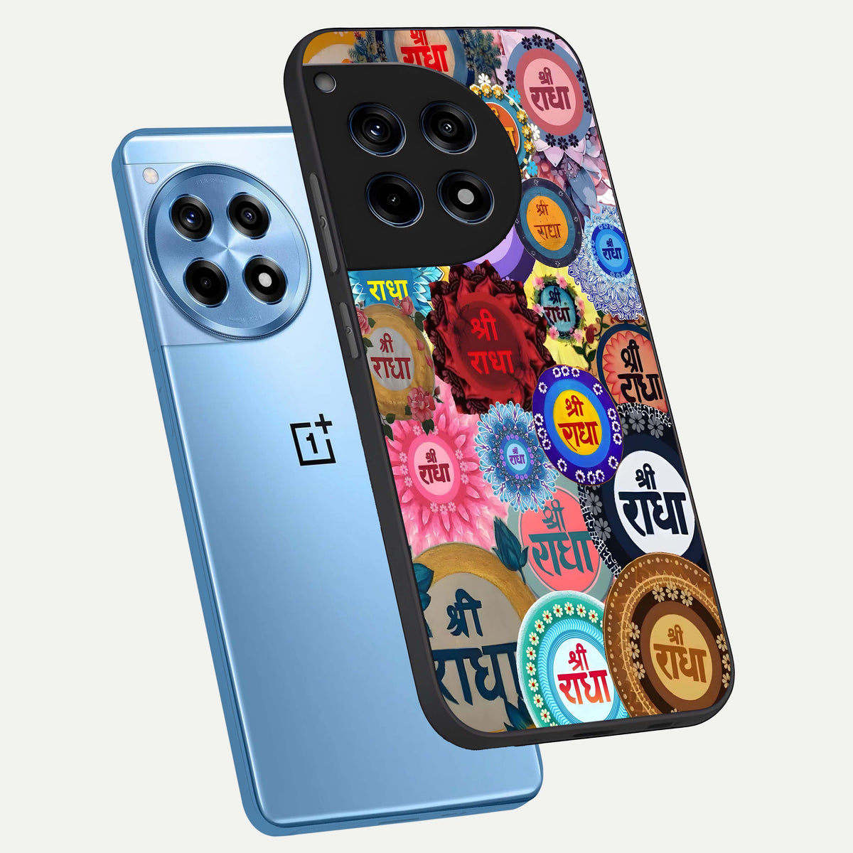  Radha Divine Bloom phone case For OnePlus 12R showing premium glass back cover with detailed artwork