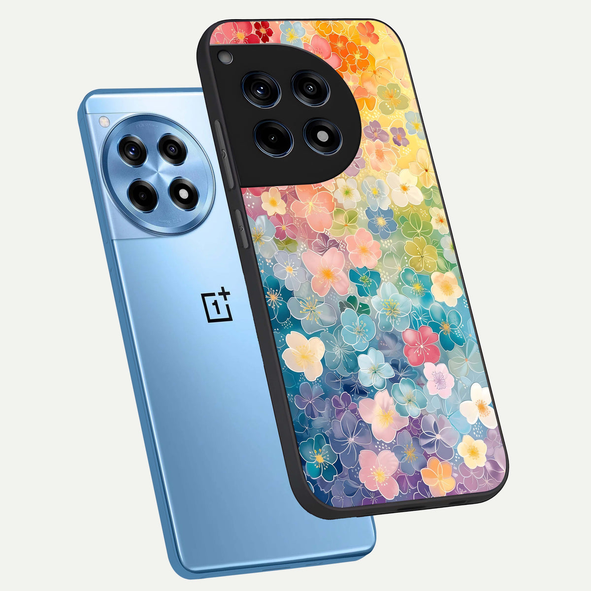  Rainbow Blossom Burst phone case For OnePlus 12R showing premium glass back cover with detailed artwork