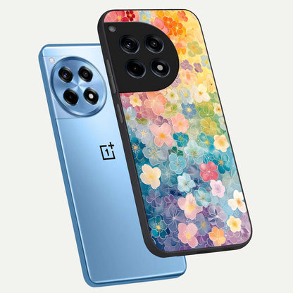  Rainbow Blossom Burst phone case For OnePlus 12R showing premium glass back cover with detailed artwork