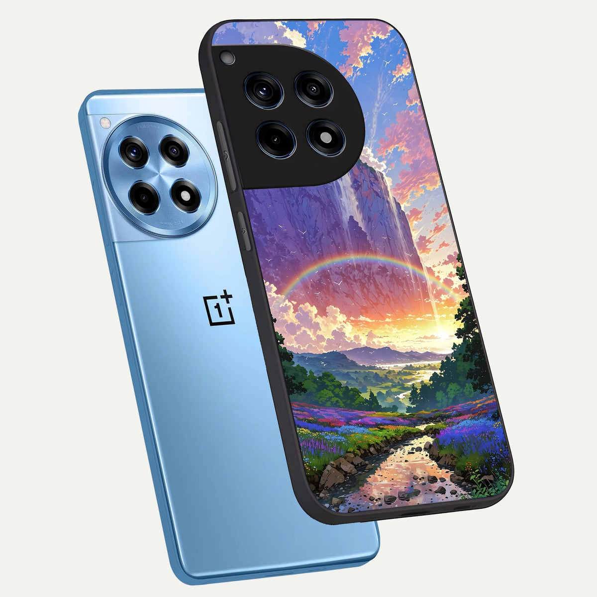  Rainbow Valley Dream phone case For OnePlus 12R showing premium glass back cover with detailed artwork