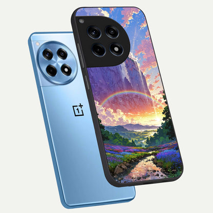 Rainbow Valley Dream phone case For OnePlus 12R showing premium glass back cover with detailed artwork