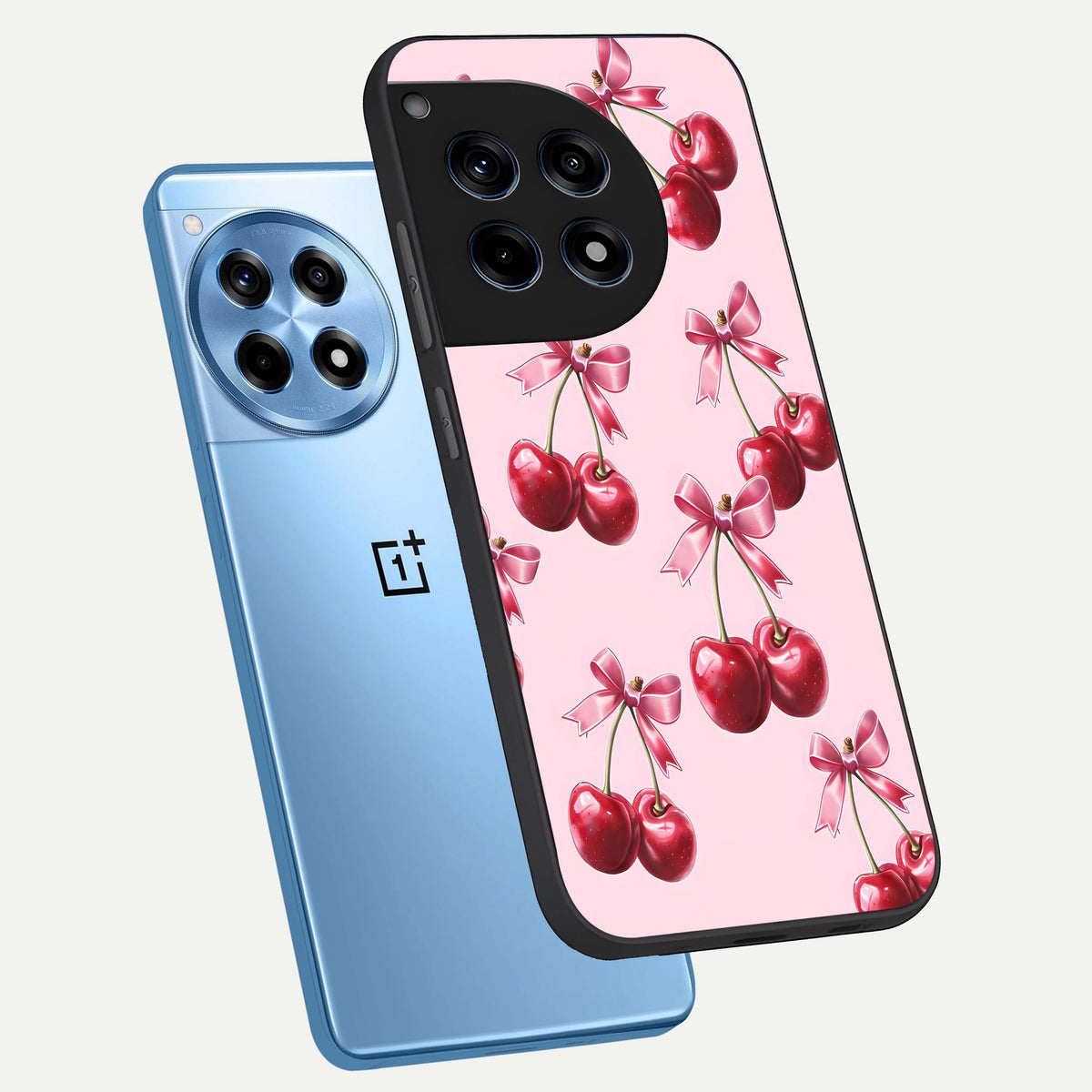  Red Cherries Pattern phone case For OnePlus 12R showing premium glass back cover with detailed artwork