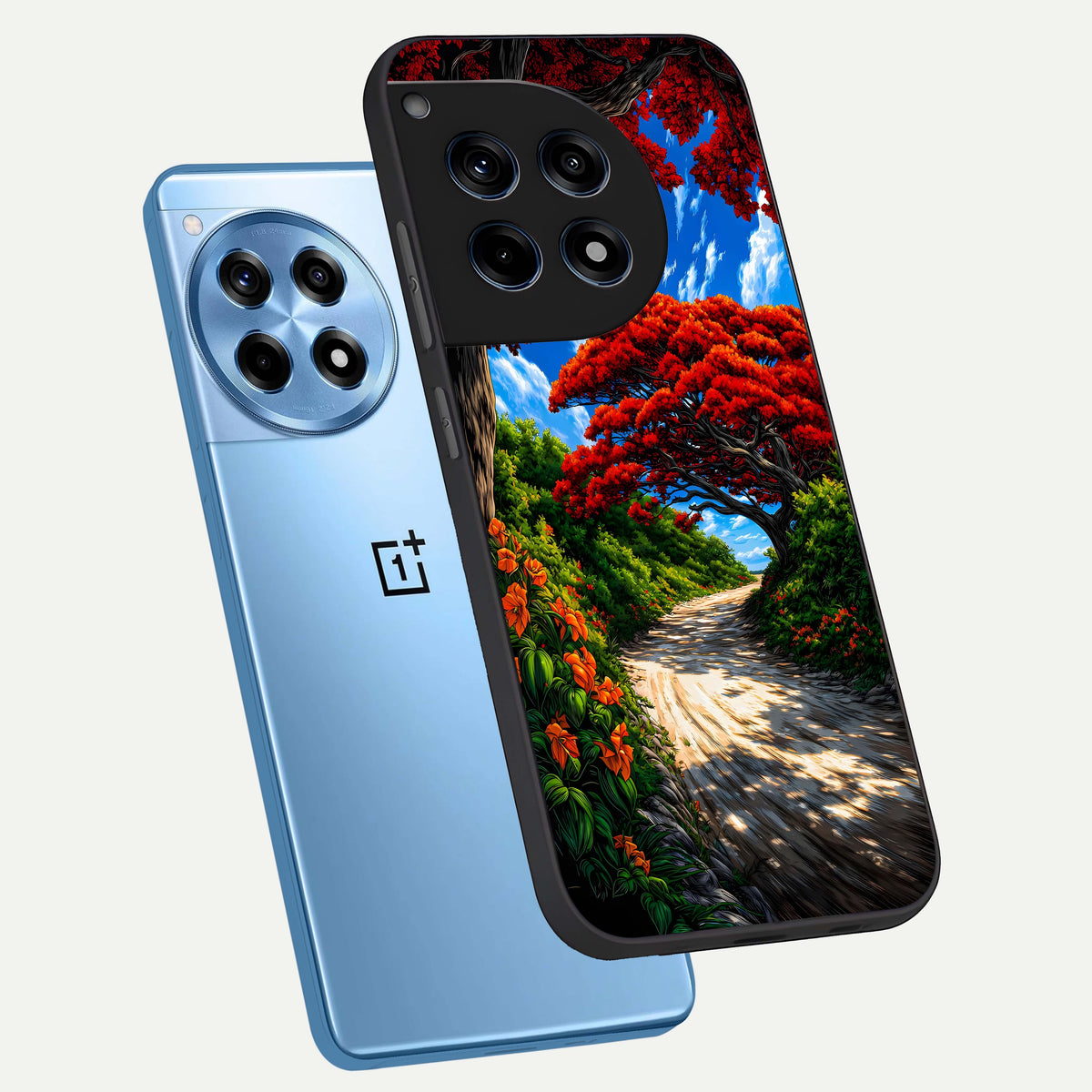  Red Trees Pathway phone case For OnePlus 12R showing premium glass back cover with detailed artwork