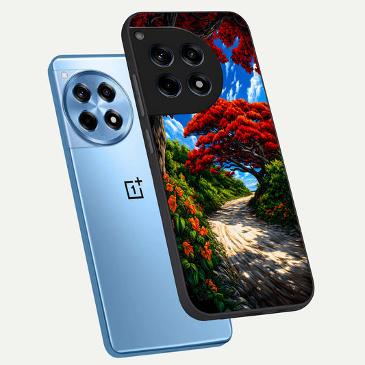  Red Trees Pathway phone case For OnePlus 12R showing premium glass back cover with detailed artwork