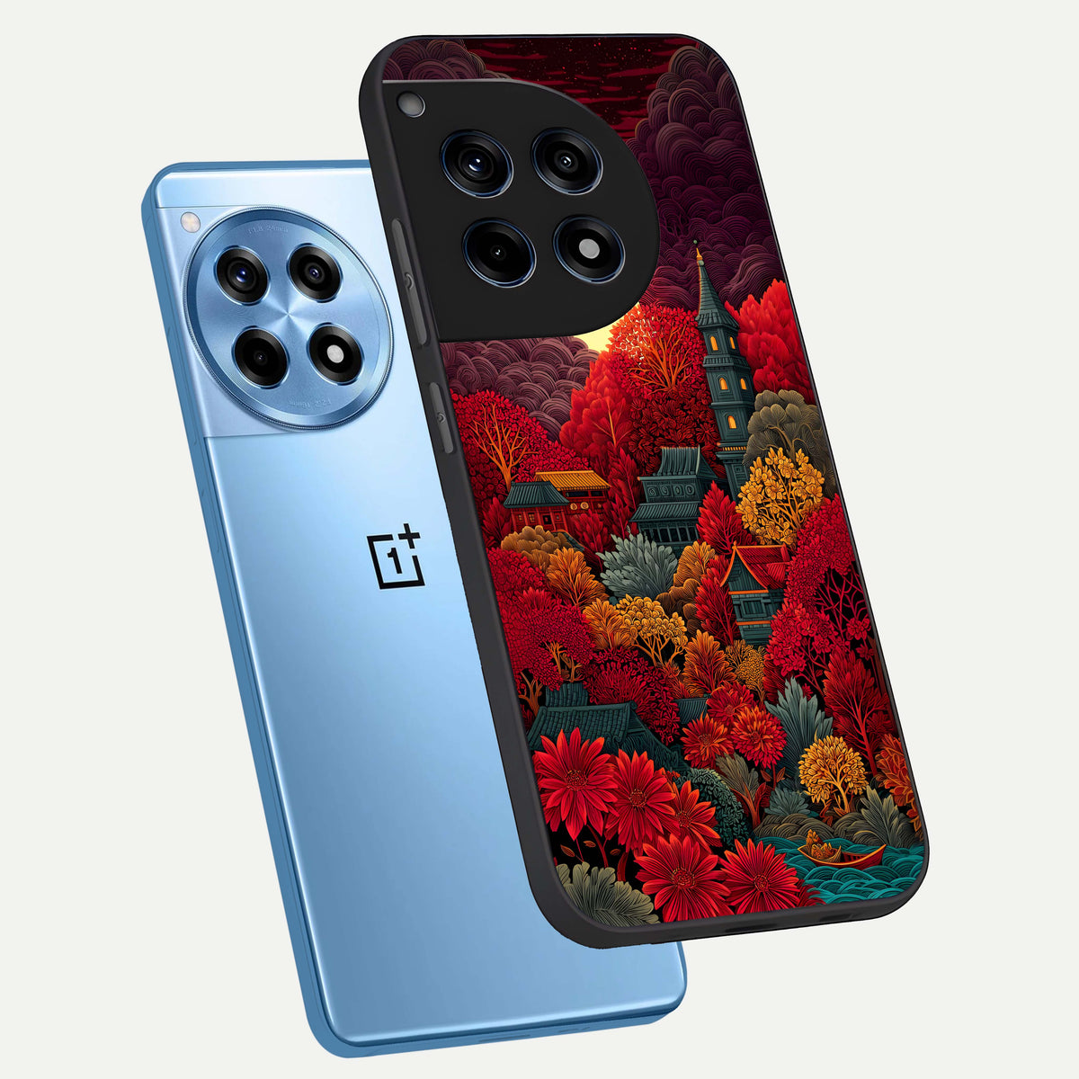  Scarlet Autumn Temple phone case For OnePlus 12R showing premium glass back cover with detailed artwork