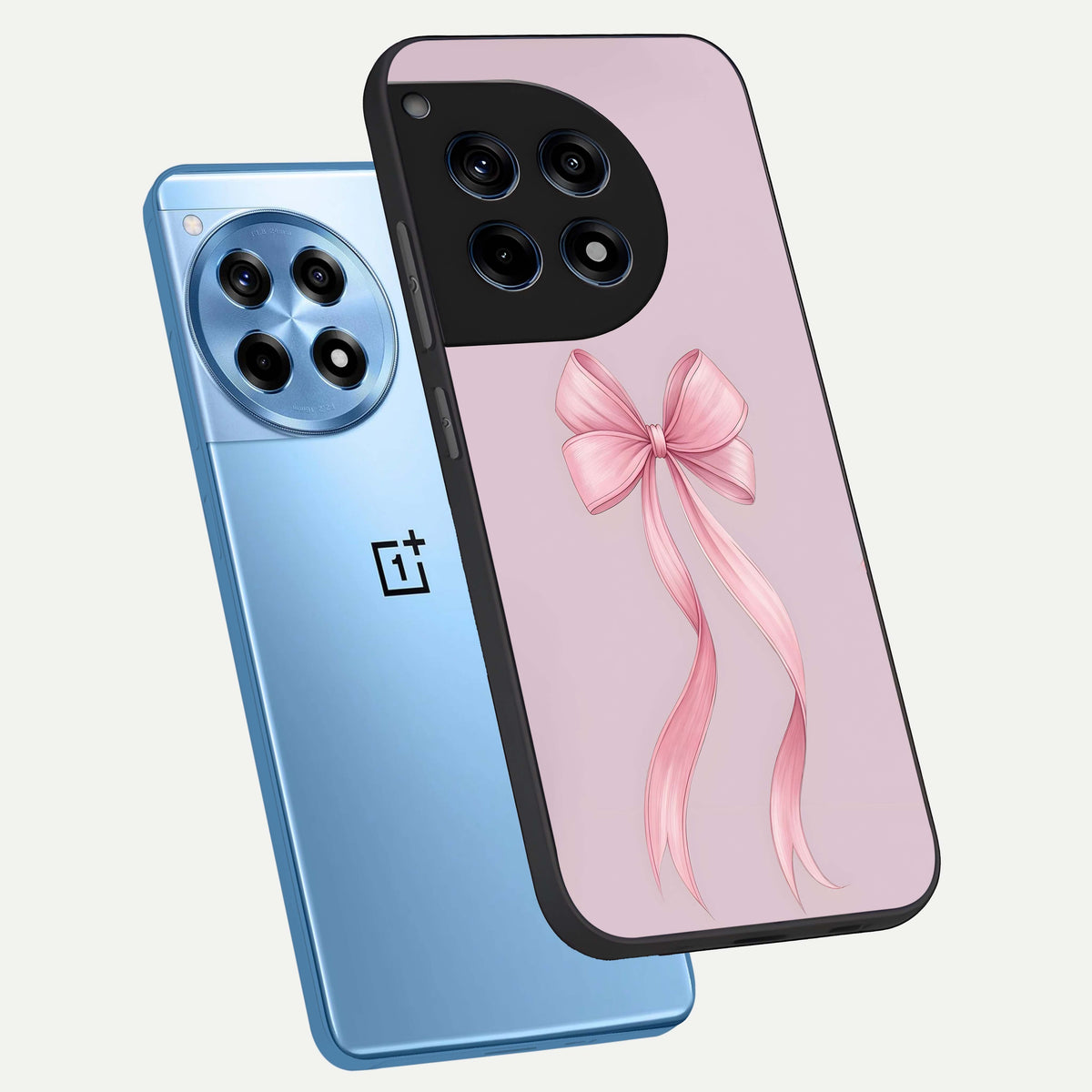  Soft Blush Bow phone case For OnePlus 12R showing premium glass back cover with detailed artwork