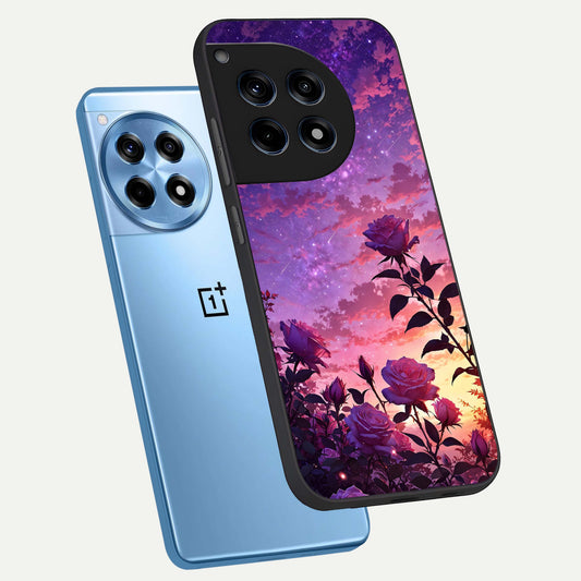  Starlit Rose Twilight phone case For OnePlus 12R showing premium glass back cover with detailed artwork