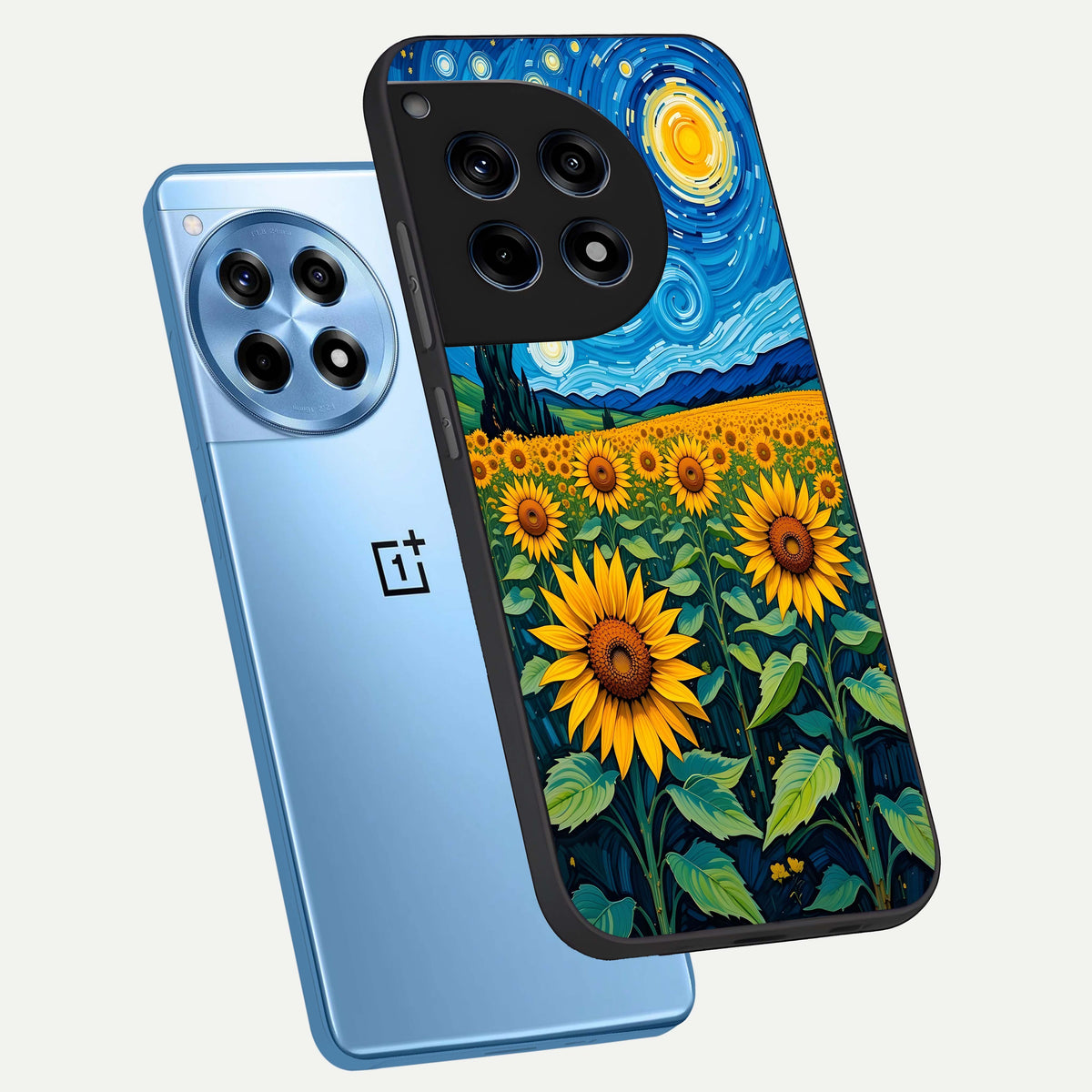  Starry Sunflower Dreams phone case For OnePlus 12R showing premium glass back cover with detailed artwork
