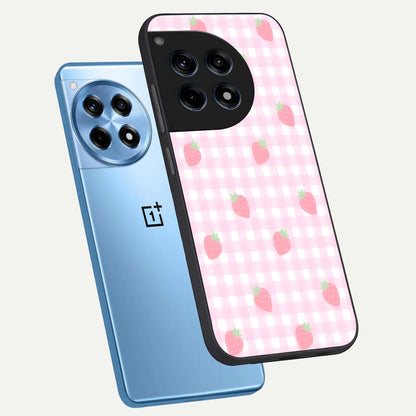  Strawberry Picnic Love phone case For OnePlus 12R showing premium glass back cover with detailed artwork
