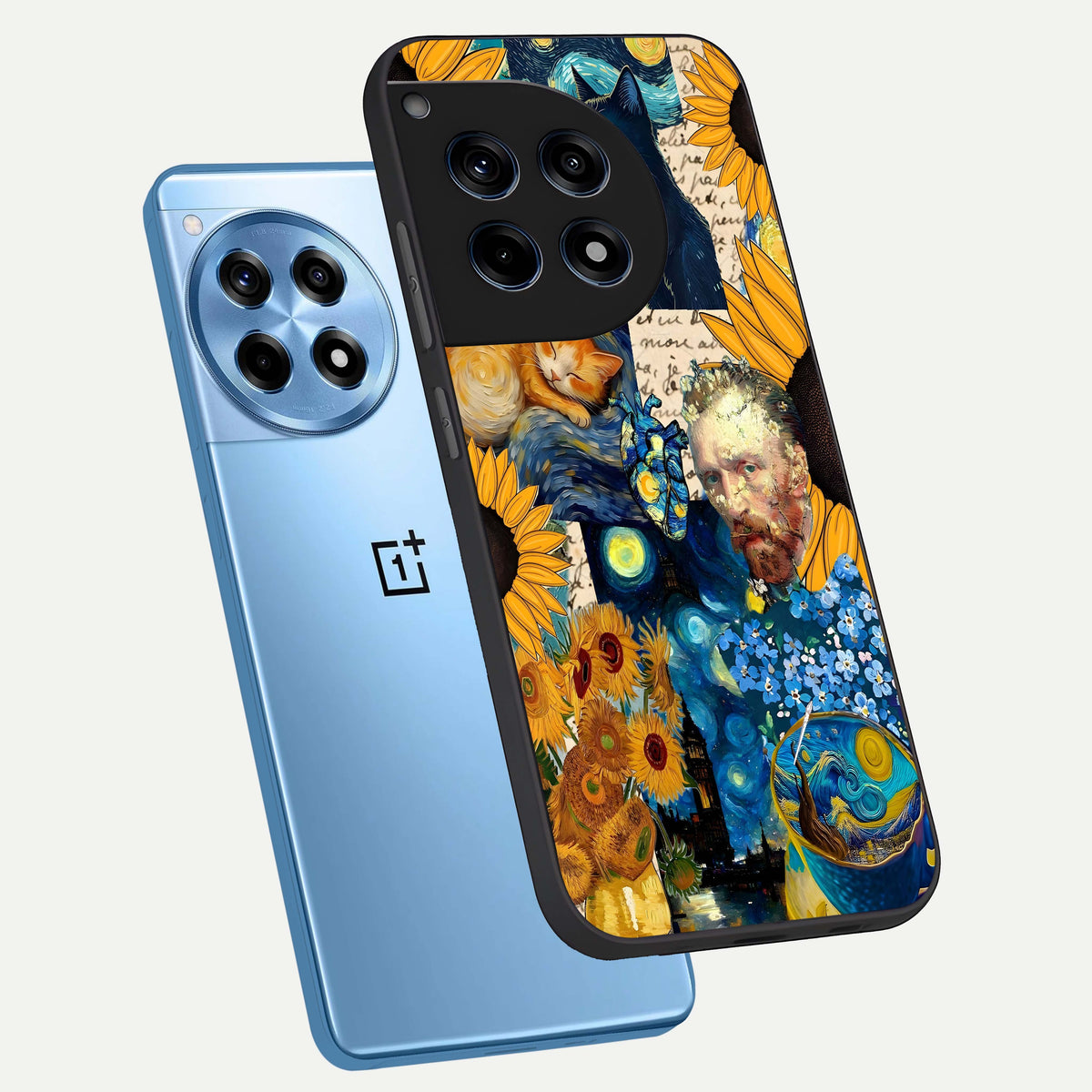  Sunflower Chic Mood Custom Name phone case For OnePlus 12R showing premium glass back cover with detailed artwork