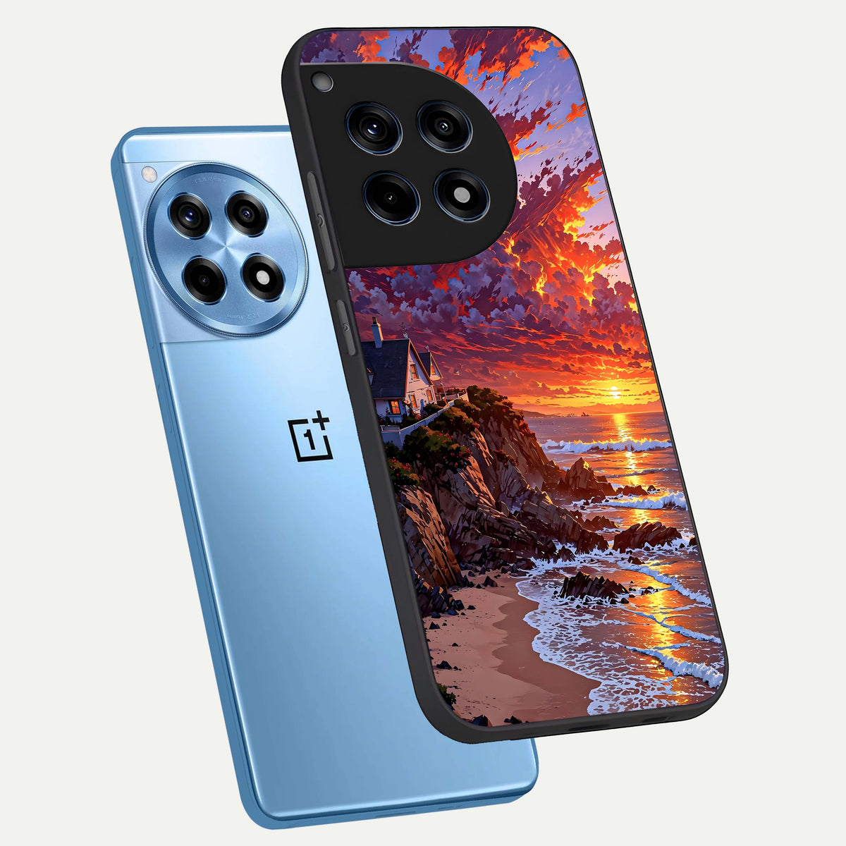  Sunset House By Sea phone case For OnePlus 12R showing premium glass back cover with detailed artwork