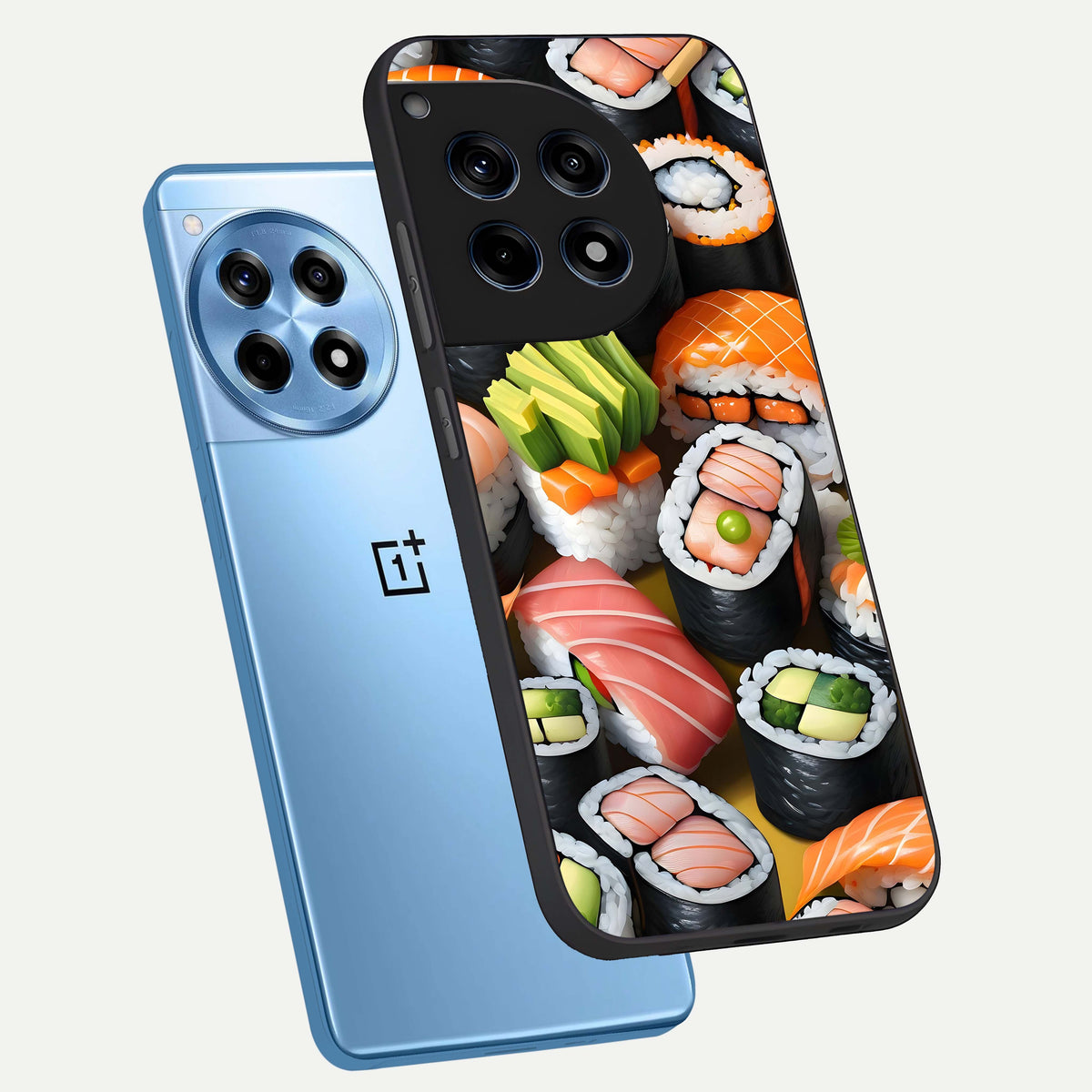  Sushi Food Pattern phone case For OnePlus 12R showing premium glass back cover with detailed artwork