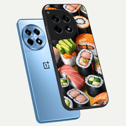  Sushi Food Pattern phone case For OnePlus 12R showing premium glass back cover with detailed artwork