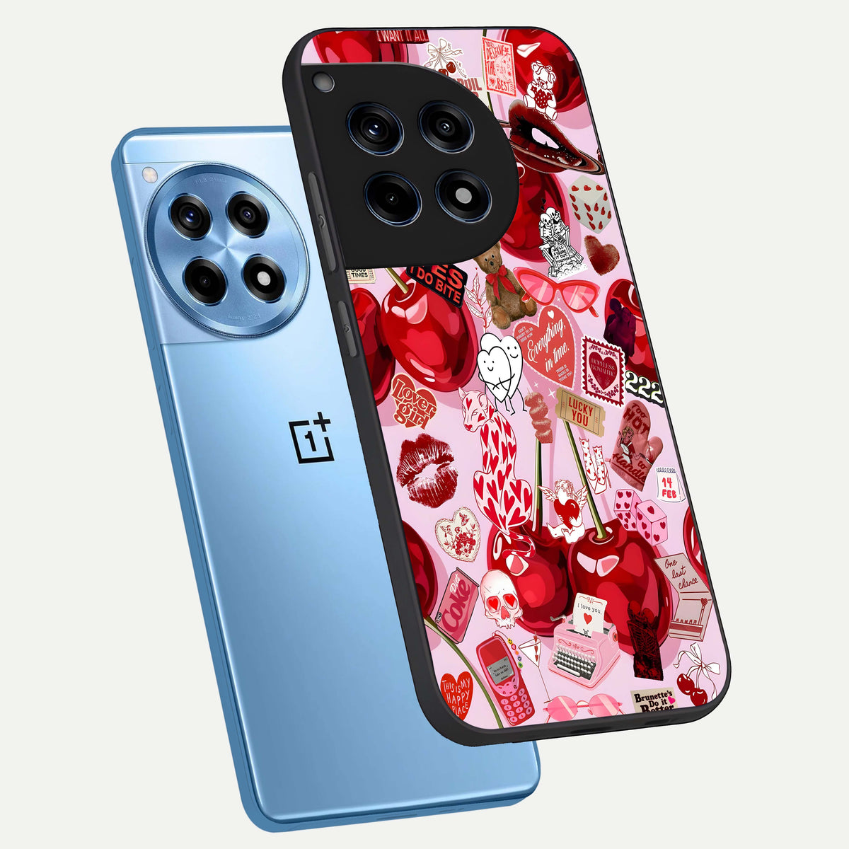 Sweet Cherry Chaos phone case For OnePlus 12R showing premium glass back cover with detailed artwork