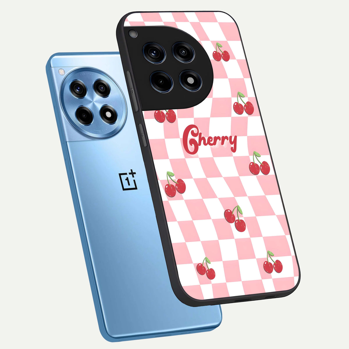  Sweet Cherry Vibes phone case For OnePlus 12R showing premium glass back cover with detailed artwork