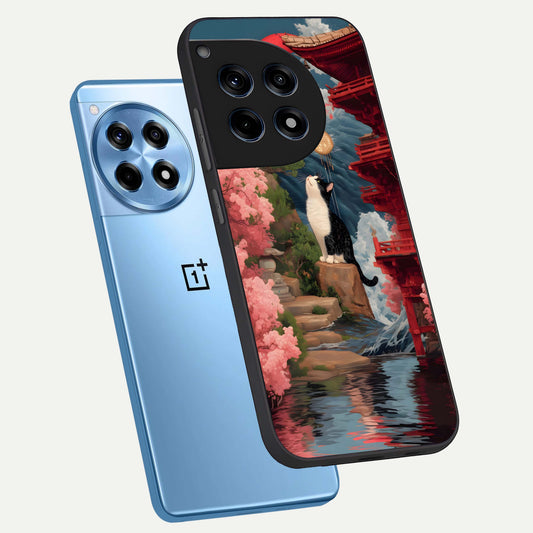  Temple Cat Scenery phone case For OnePlus 12R showing premium glass back cover with detailed artwork