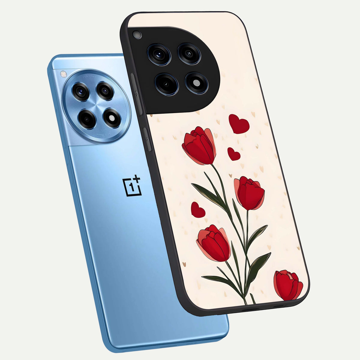  Tulip With Heart phone case For OnePlus 12R showing premium glass back cover with detailed artwork
