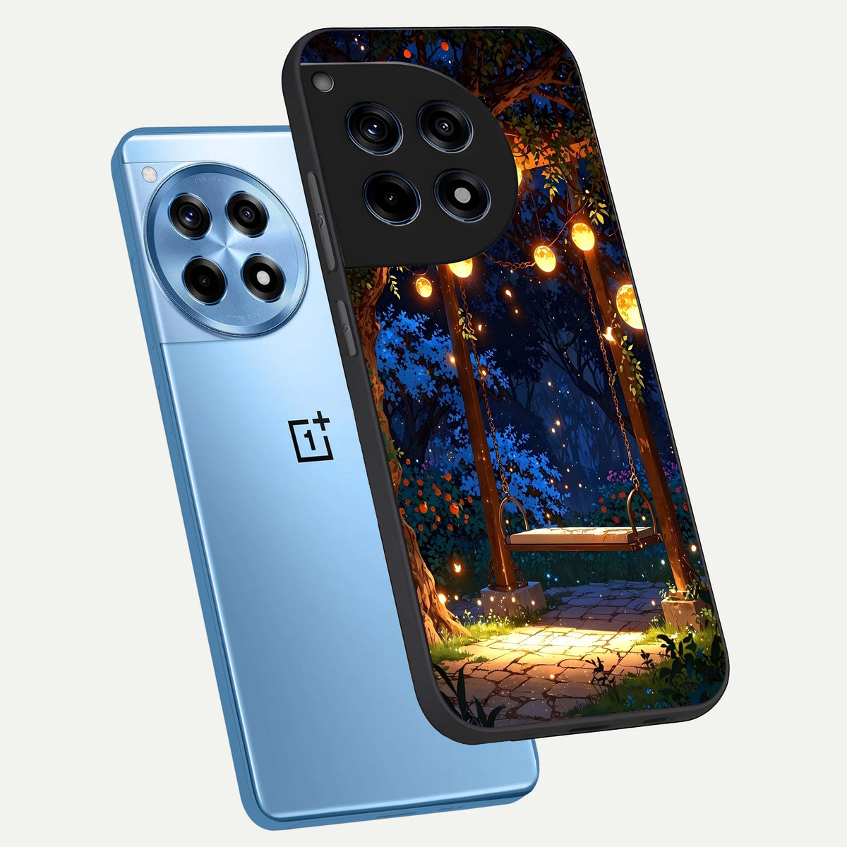  Twilight Garden Swing phone case For OnePlus 12R showing premium glass back cover with detailed artwork
