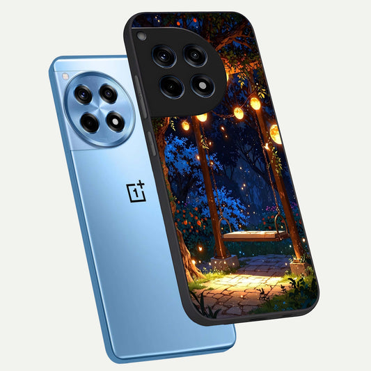 Twilight Garden Swing phone case For OnePlus 12R showing premium glass back cover with detailed artwork