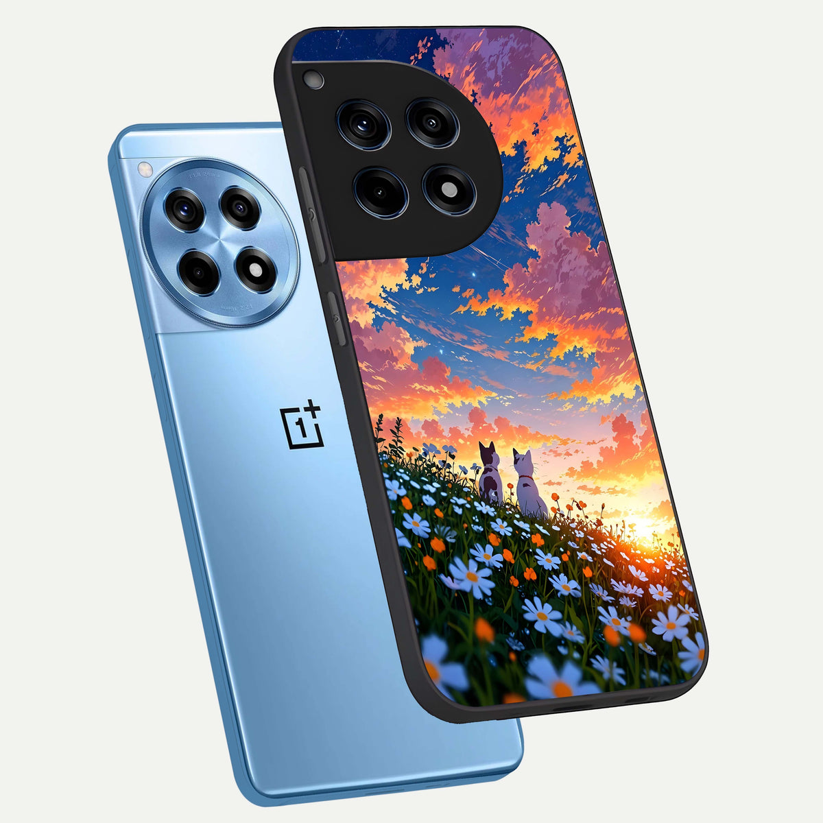  Two Cats Friends phone case For OnePlus 12R showing premium glass back cover with detailed artwork