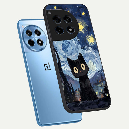  Van Gogh Cat phone case For OnePlus 12R showing premium glass back cover with detailed artwork