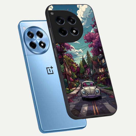  Vintage Street Drive phone case For OnePlus 12R showing premium glass back cover with detailed artwork