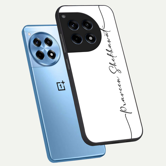  White Tune Custom Name phone case For OnePlus 12R showing premium custom name glass back cover
