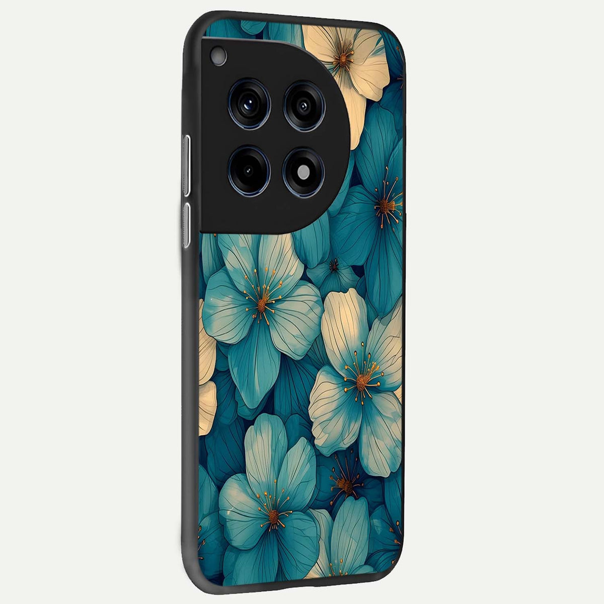  Blue Shade Floral back cover For OnePlus 12R slim fit glass case with vibrant aesthetic design