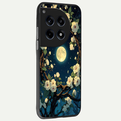 Celestial Moon And Flower back cover For OnePlus 12R slim fit glass case with vibrant aesthetic design