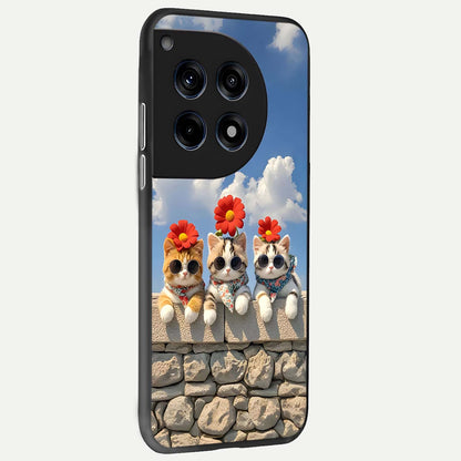  Floral Kitty Squad back cover For OnePlus 12R slim fit glass case with vibrant aesthetic design
