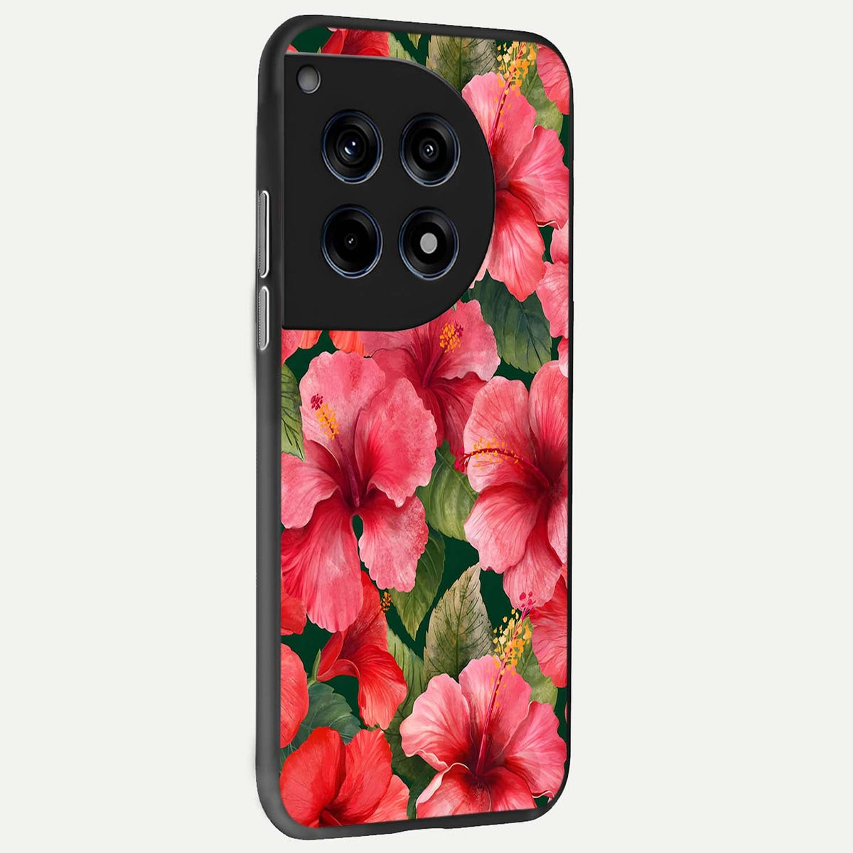  Hibiscus Pattern back cover For OnePlus 12R slim fit glass case with vibrant aesthetic design