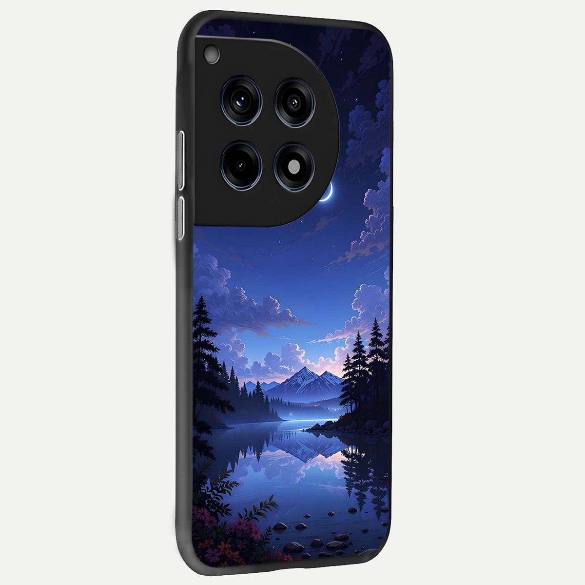  Midnight Lake Peace back cover For OnePlus 12R slim fit glass case with vibrant aesthetic design