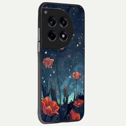  Midnight Tulip Glow back cover For OnePlus 12R slim fit glass case with vibrant aesthetic design