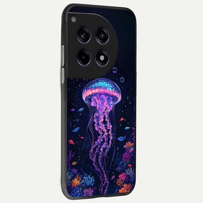  Neon Jellyfish back cover For OnePlus 12R slim fit glass case with vibrant aesthetic design