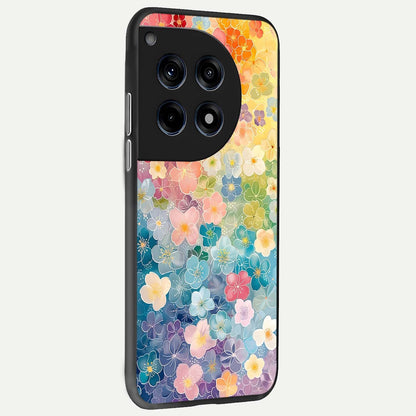  Rainbow Blossom Burst back cover For OnePlus 12R slim fit glass case with vibrant aesthetic design