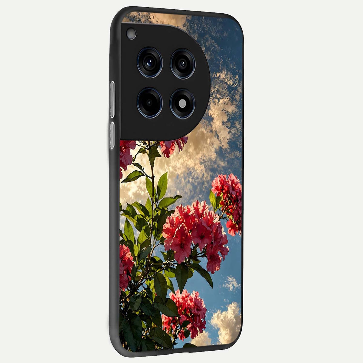  Red Bloom Skies back cover For OnePlus 12R slim fit glass case with vibrant aesthetic design