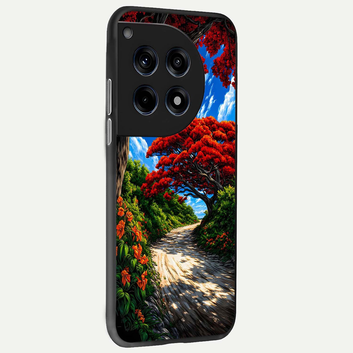  Red Trees Pathway back cover For OnePlus 12R slim fit glass case with vibrant aesthetic design