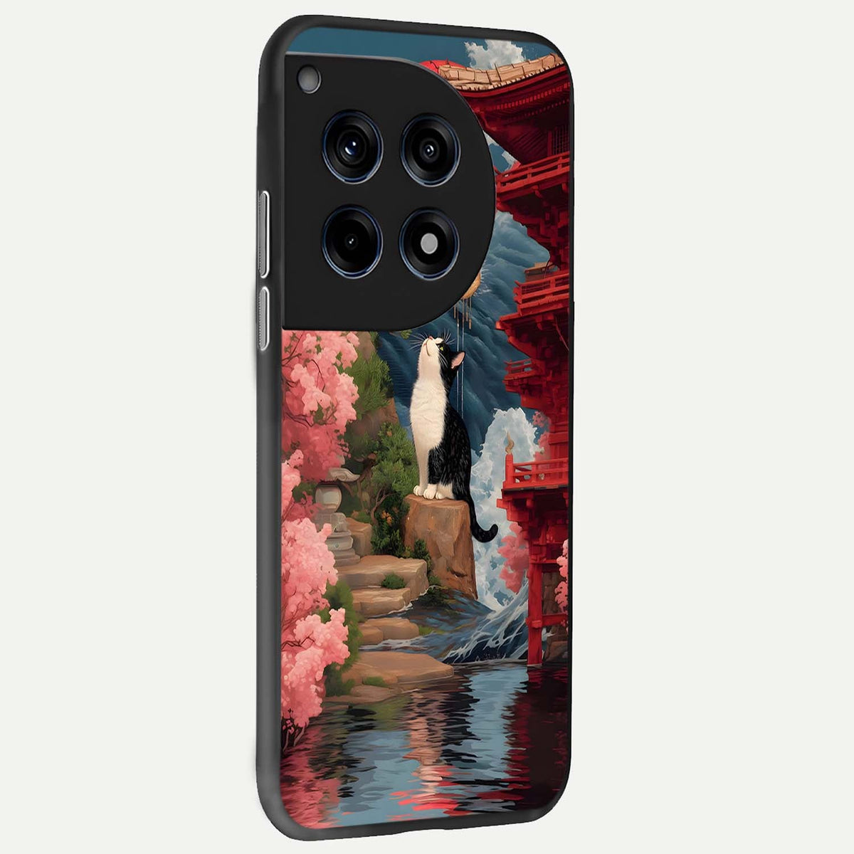  Temple Cat Scenery back cover For OnePlus 12R slim fit glass case with vibrant aesthetic design