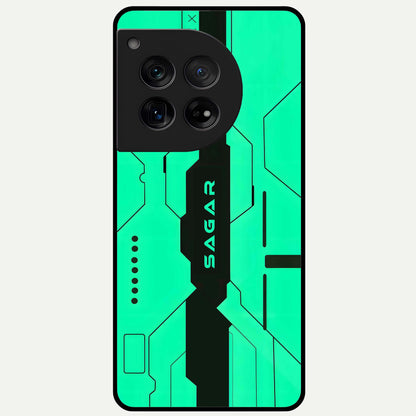  Aqua Tech CYBERPUNK Custom Name Glass Case For OnePlus 12 back cover – full design glossy printed glass finish