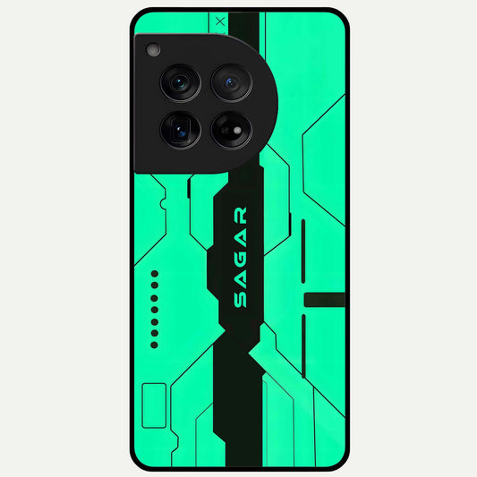  Aqua Tech CYBERPUNK Custom Name Glass Case For OnePlus 12 back cover – full design glossy printed glass finish