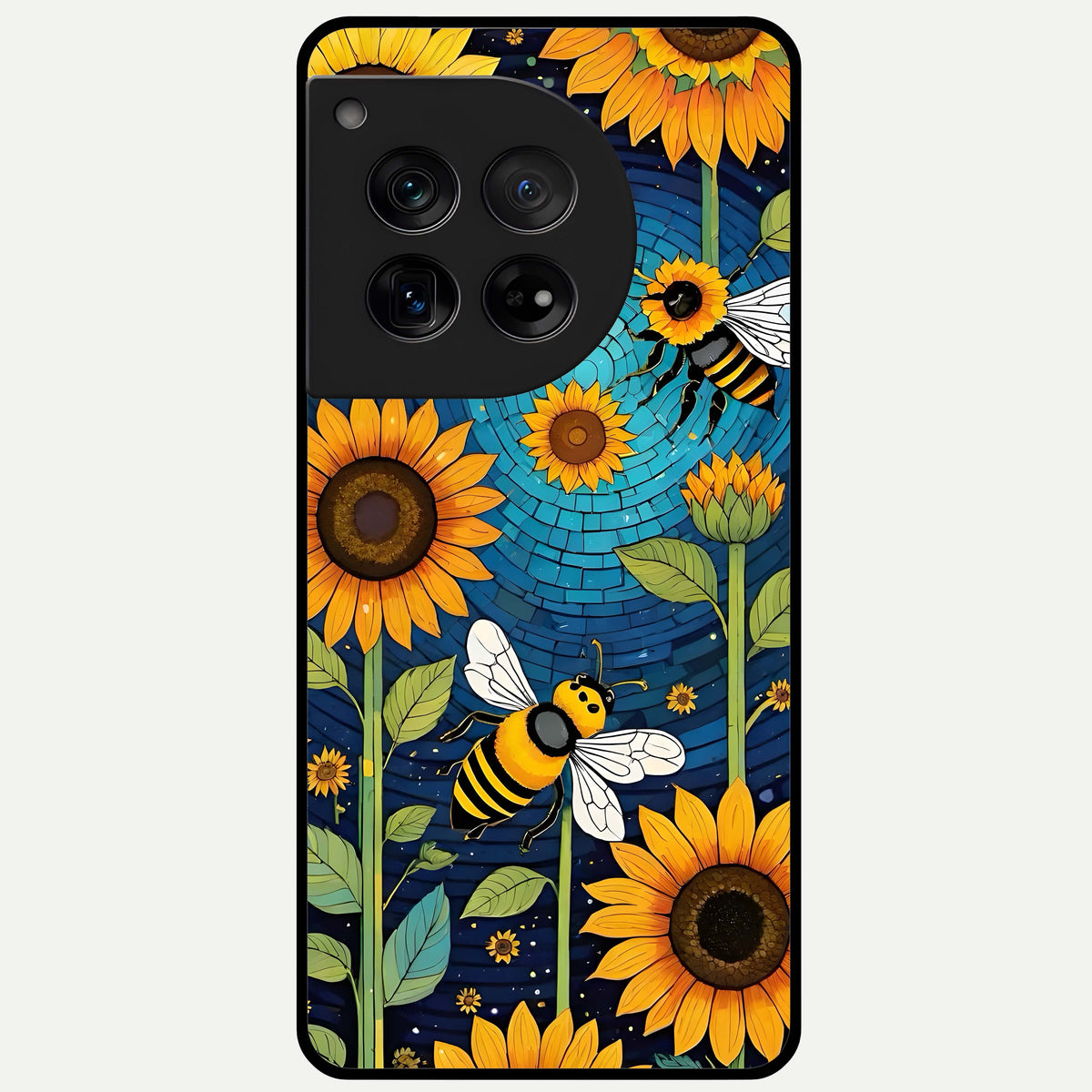  Bees And Sunflowers Glass Case For OnePlus 12 back cover – full design glossy printed glass finish