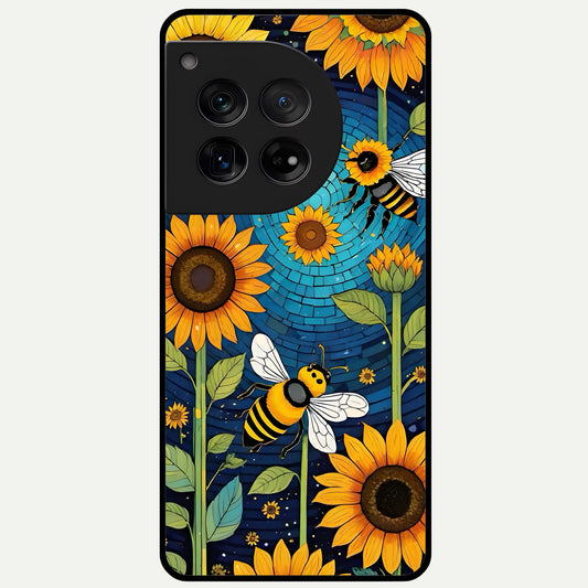  Bees And Sunflowers Glass Case For OnePlus 12 back cover – full design glossy printed glass finish