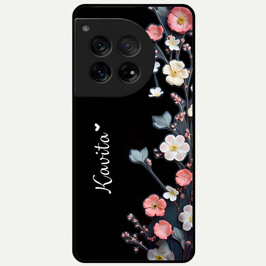  Black Elegance Floral Custom Name Glass Case For OnePlus 12 back cover – full design glossy printed glass finish