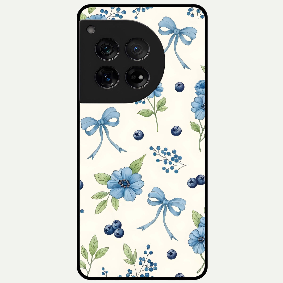 Blue Flower And Bow Glass Case For OnePlus 12 back cover – full design glossy printed glass finish