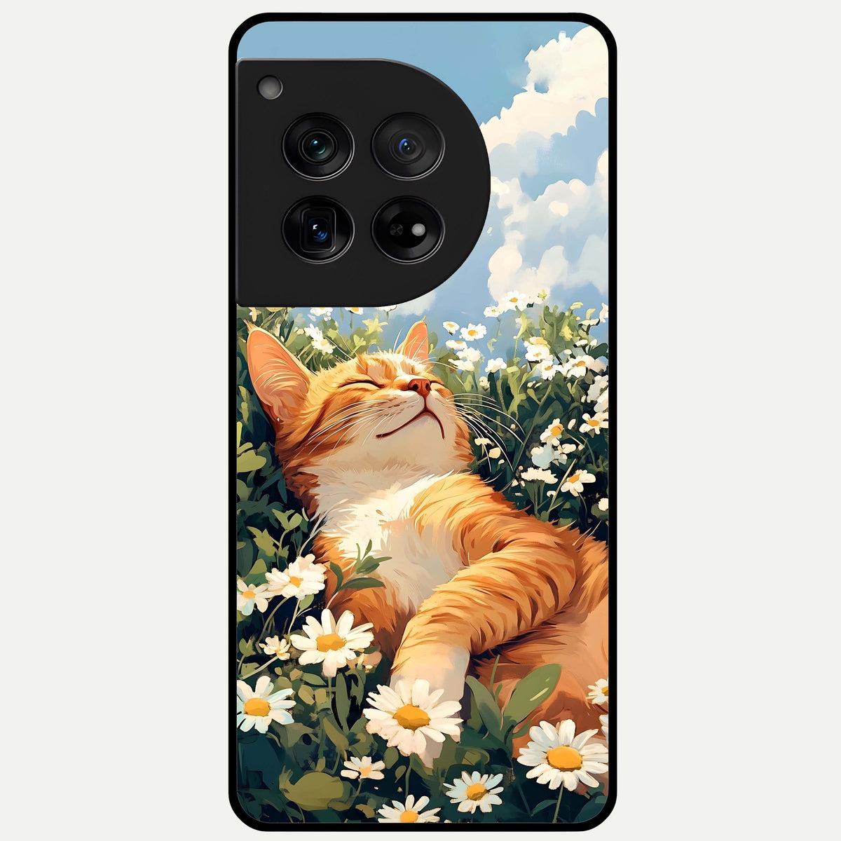  Cat And Flowers View Glass Case For OnePlus 12 back cover – full design glossy printed glass finish