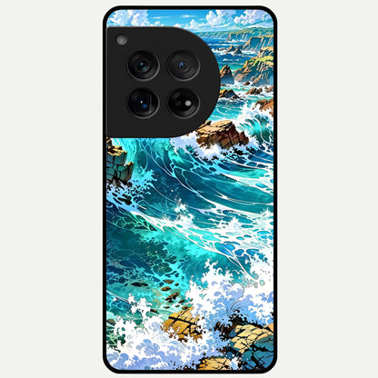  Coastal Blue Waves Glass Case For OnePlus 12 back cover – full design glossy printed glass finish