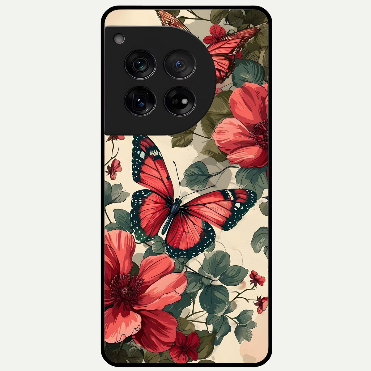  Crimson Butterfly Garden Glass Case For OnePlus 12 back cover – full design glossy printed glass finish