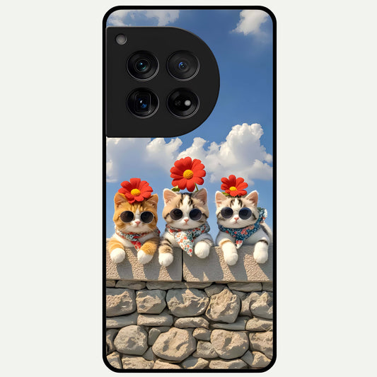  Floral Kitty Squad Glass Case For OnePlus 12 back cover – full design glossy printed glass finish