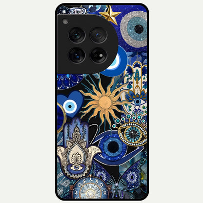  Mystic Blue Evil Eye Glass Case For OnePlus 12 back cover – full design glossy printed glass finish
