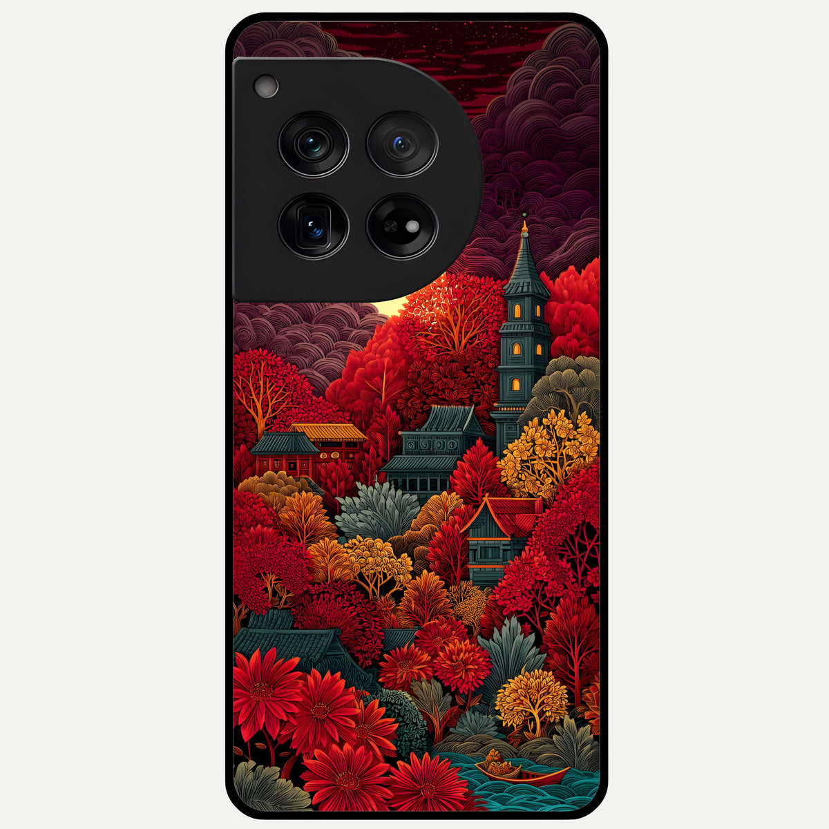  Scarlet Autumn Temple Glass Case For OnePlus 12 back cover – full design glossy printed glass finish